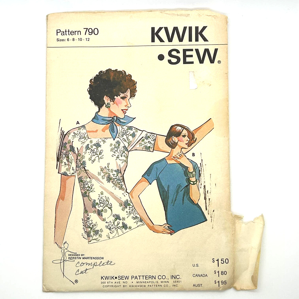 Kwik‎ Sew Vintage Retro 1970's Pattern #790 Ladies T-Shirt Sizes 6, 8, 10 ,12
